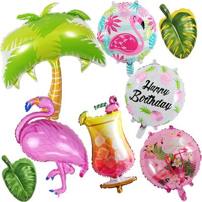 18" Round Hawaiian Flamingo Aluminum Balloon with Wine Glass and Leaf Design.