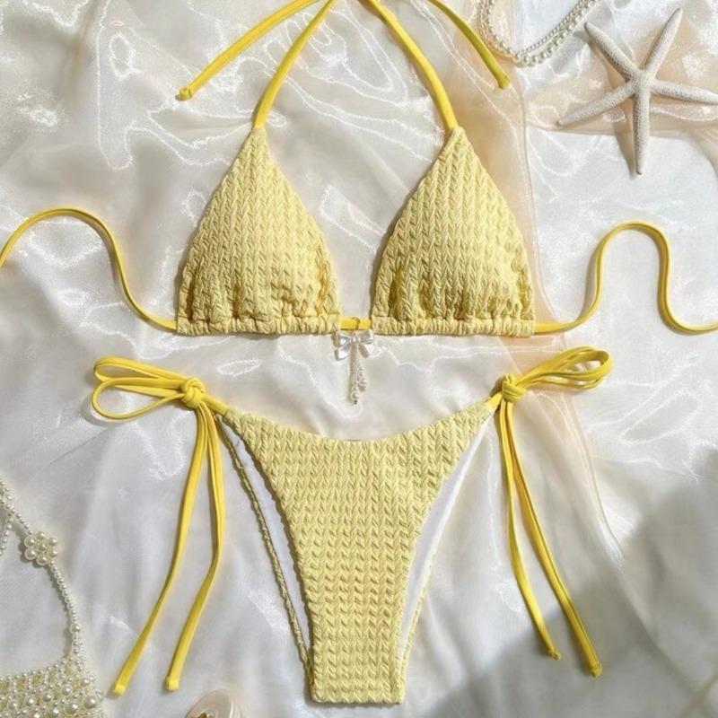 Women Sexy Solid Color Backless Strappy Split Bikini Swimsuit S