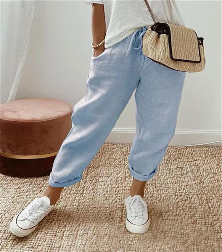 Women Mid Waist Drawstring Linen Harem Pants, Pocket Cuffed Ankle Loose Casual Trousers S-5XL Spring Daily Wear