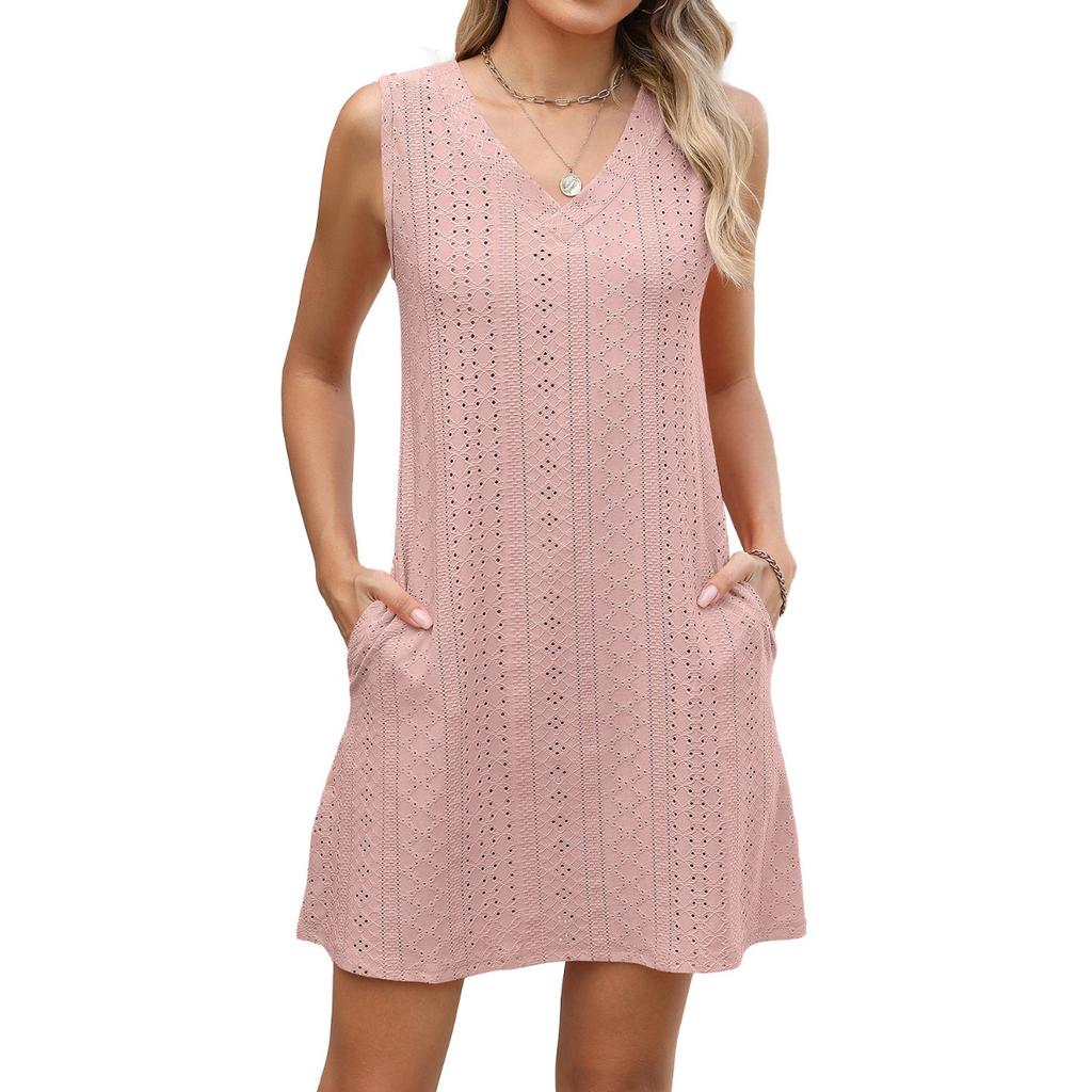 New Women's Solid Color V-neck Palace Lace Casual Pocket Summer Dress for Cross-border Europe America