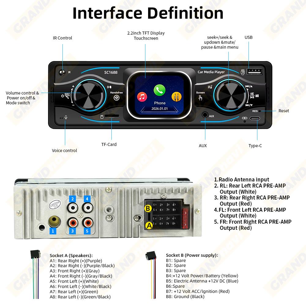 2026 Portable 1 Din Car Radio MP3 Player Touch Screen Auto Radio in-dash Bluetooth USB/SD/AUX-IN Colorful Lights DSP with Voice Assistant Time Display