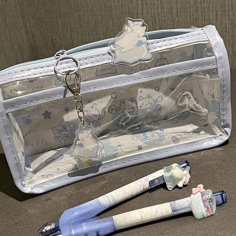 Cartoon Translucent Pencil Case Multi-Layer Vertical Large-Capacity Stationery Storage Bag School Supply Cosmetic Bag