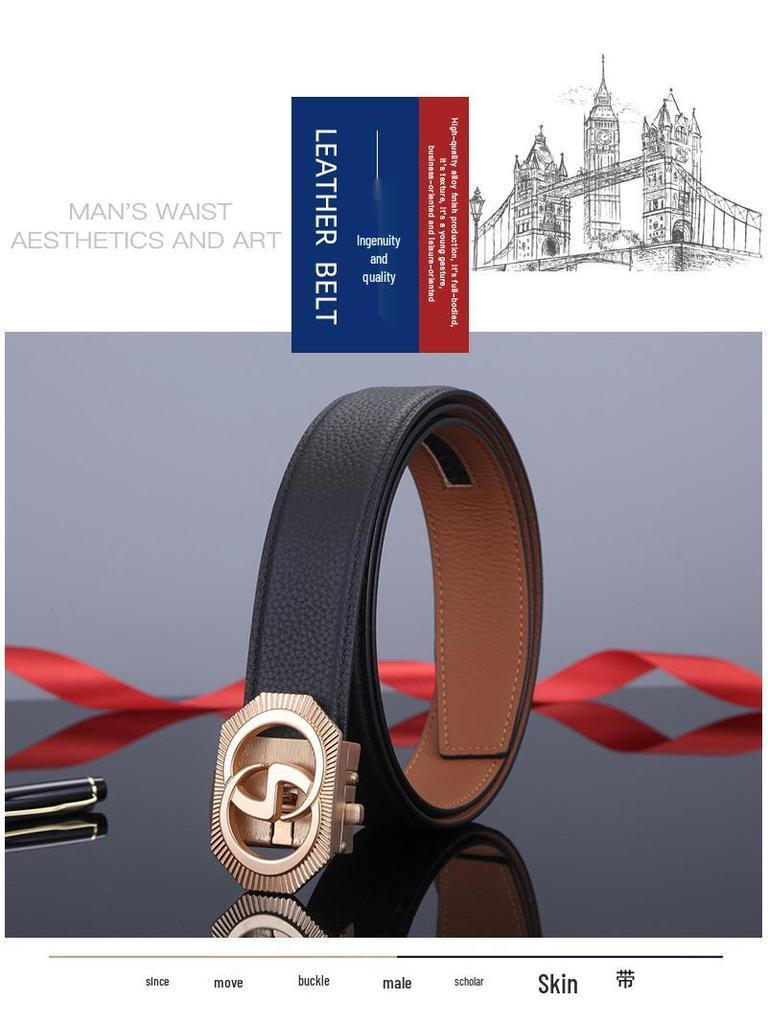 Men's Double-Sided Genuine Leather Belt with Automatic Buckle - Casual, Versatile Waistband