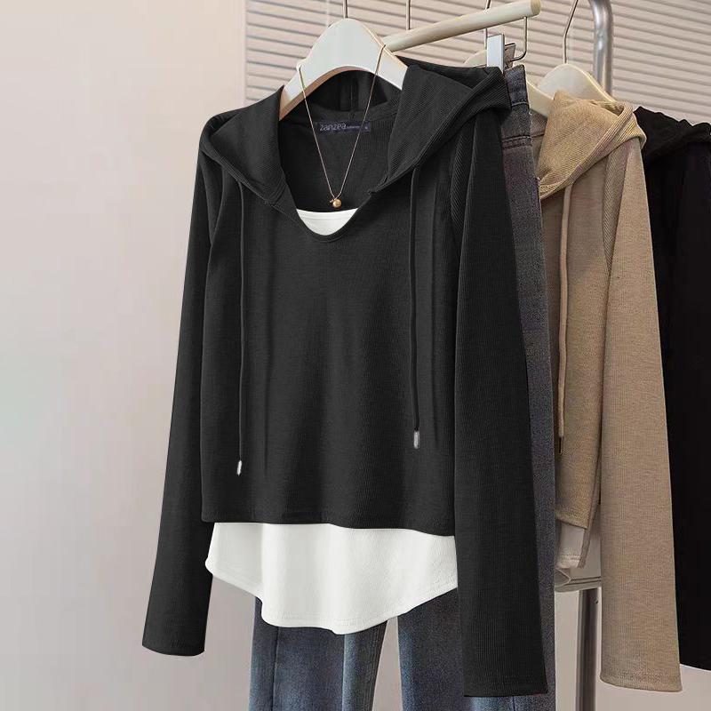 

ZANZEA Women Hoodies Casual Long Sleeve Patchwork Pullover Hooded Tops 5XL чёрный