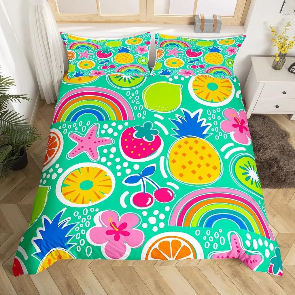 Rainbow Duvet Cover Kawaii Tropical Fruits Bedding Set Pineapple Lemon Doughnut Orange Strawberry Comforter Quilt Cover Set