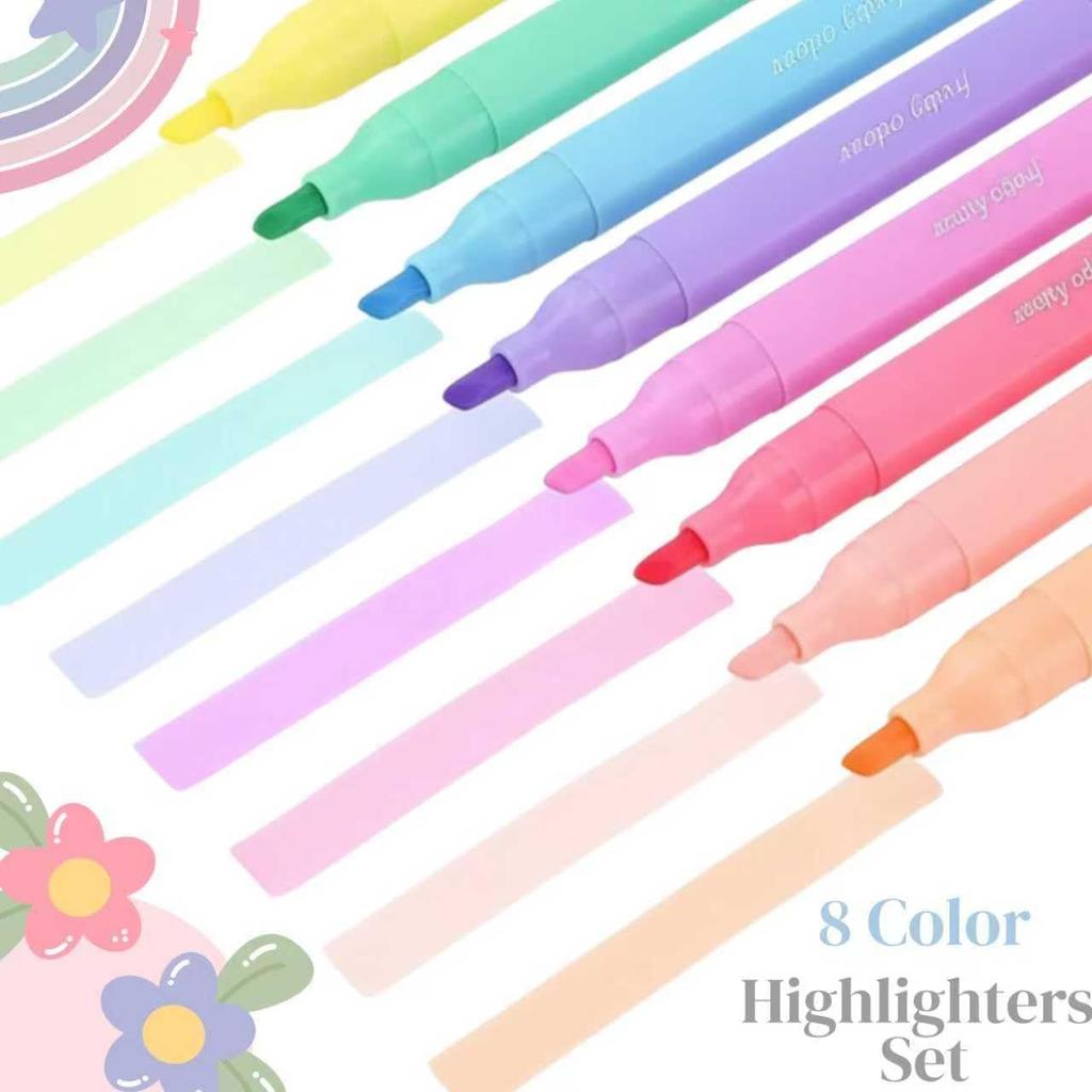 Fruity Scented Highlighters Set of 8, Pastel Chisel Tip Markers for Journaling, Note Taking, School & Office Supplies (8 Pcs)