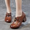 Johnature Genuine Leather Pumps Retro Round Toe Thick Heel Soft Sole Solid Color Versatile Women's Shoes