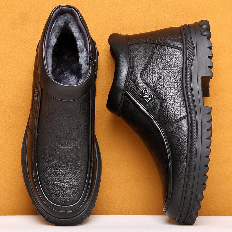 The first layer of cowhide winter wool men's cotton shoes with velvet warm leather shoes medium and old men's shoes are soft
