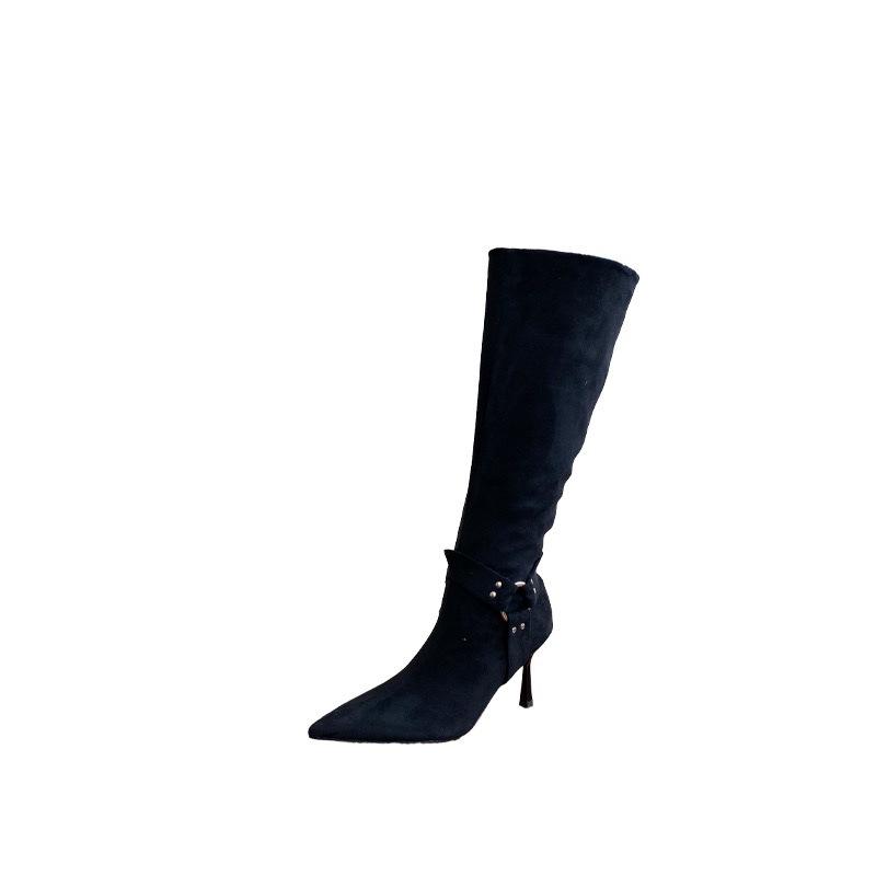 2025 autumn and winter new fashion tall boots European and American suede metal buckle thin pointed thin heel boots