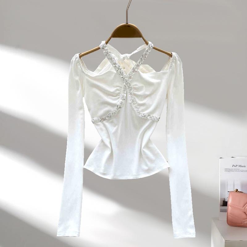 

Модная сексуальная женская футболка с длинными рукавами, весенняя вышитая бисером, облегающая и тонкая нижняя рубашка, однотонная женская одежда 3517 L белый