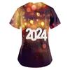 Women's Fashion 2024 New Year Printed Short Sleeve V Neck Pattern Tops Pocket Working T-shirts