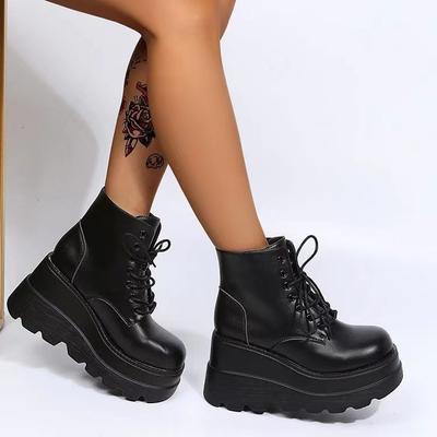 Thick Bottom Large Size 43 Female Boots Lace Up Short Boots Wedges Shoes for Women  Leather High Heels Platform Boots Women