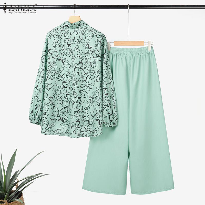 ZANZEA Bluză cu mânecă lungă și pantaloni cu imprimeu pentru femei, seturi casual din două piese