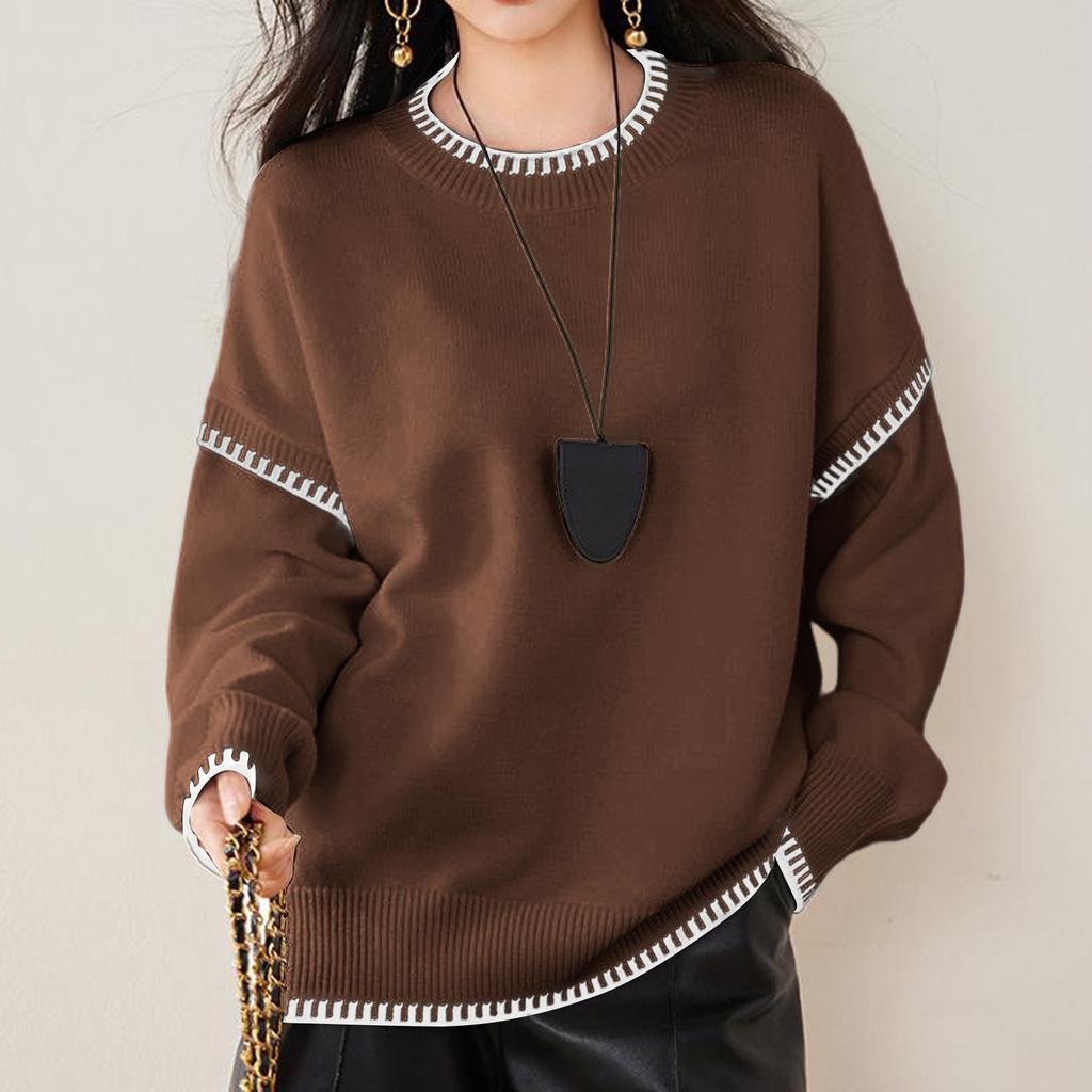 Women's Fashionable Casual Versatile Lazy Style Contrast Round Neck Pullover Long Sleeve Loose Knitted Sweater