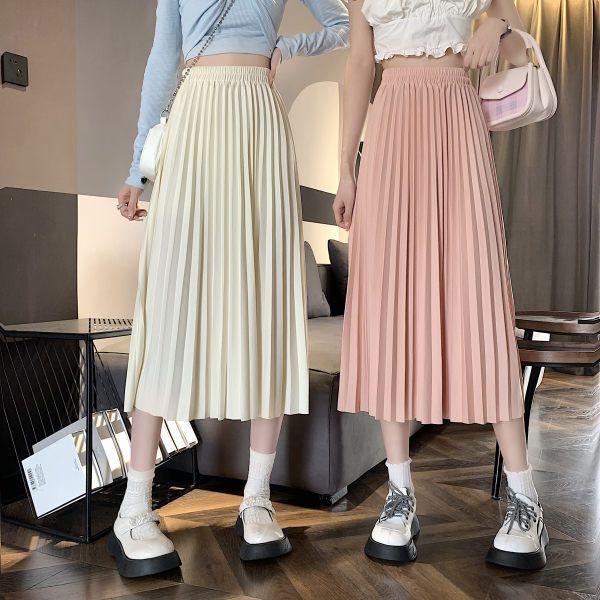 Skirts for Women Fashion Elegant Elastic High Waist Basic Pleated Skirt Solid Casual A Line Summer Midi Skirt