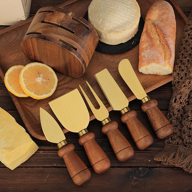 Acacia Wood Cheese Knife Set: Stainless Steel Knife, Fork, and Spatula with Storage Base