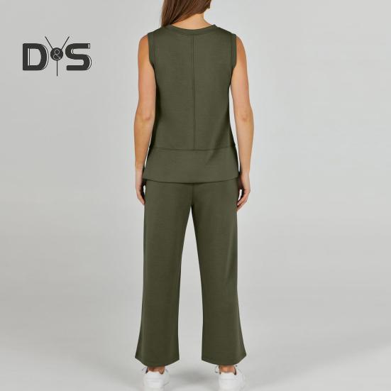 2-teiliges Oberteil- und Hosenset für Damen, einfarbig, Rundhalsausschnitt, ärmellos, Seitenschlitz, lockere Weste, weites Bein, Seitentaschen, Hose für den Alltag, Pendeln, Urlaubsoutfit