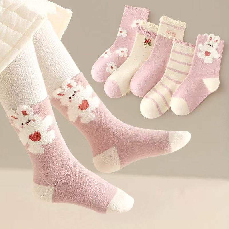 5Pairs Fashion Stripe Number Socks Children Boys Sport Sock Pink Rabbit Baby Girl Middle Tube Sock Ruffle Brim Kids Cotton Socks