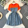Spring and Autumn Fashion A- line Denim Dress Fake Two-Piece