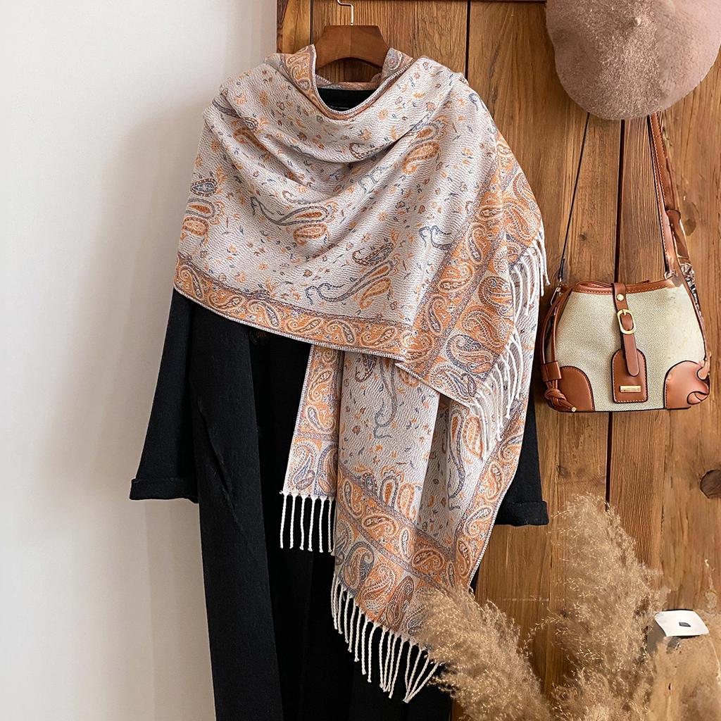 Women'S Winter National Style Paisley Print Thick Pashmina Shawl  Warm Long Tassel Scarf Cold-Resistant Poncho Stoles
