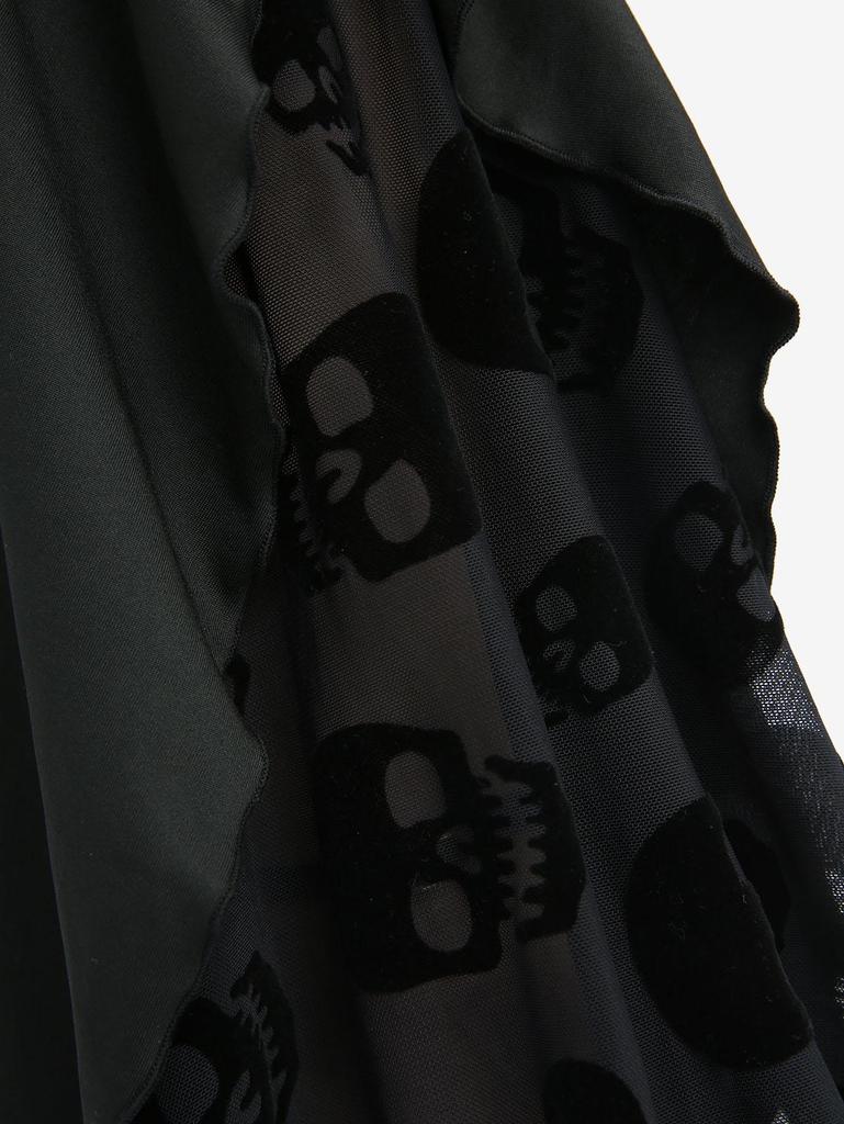 Rosegal Plus Size Skull Mesh Flocking Ruffles Floral Applique Pocket Flare Pants