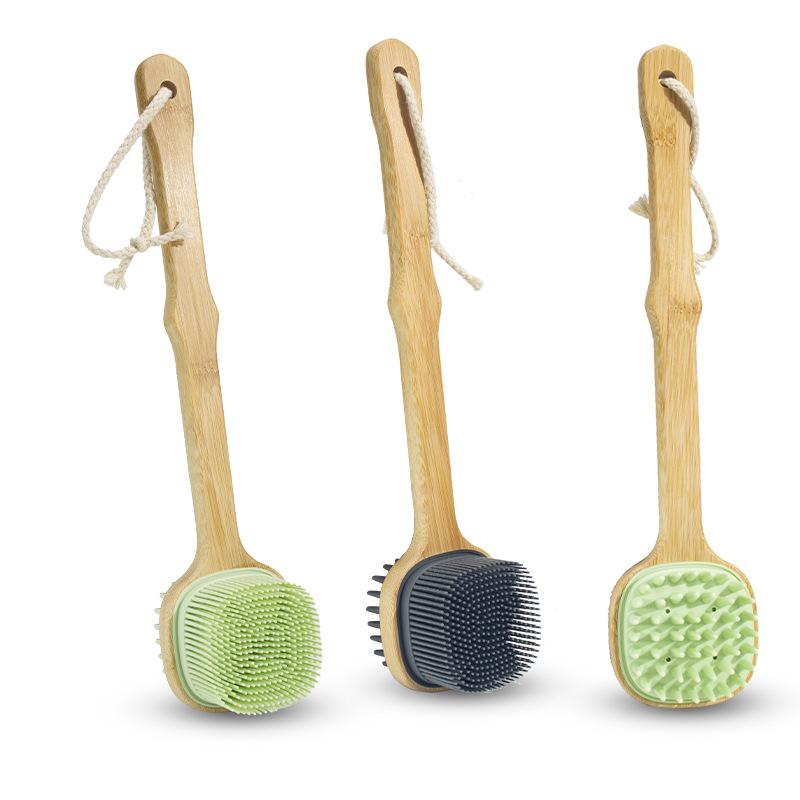 New Bamboo Handle Bath Brush, Double-sided Back Massage Brush, Soft-bristled Silicone Long-handled Square Bath Brush