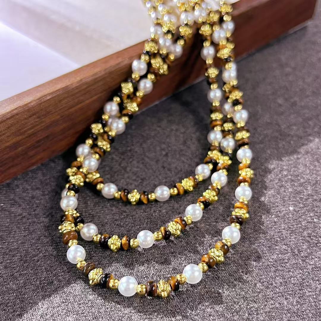 Vintage Strong Light High Quality Artificial Crystal Pearl Natural Tiger Eye Stone Necklace Collarbone Chain