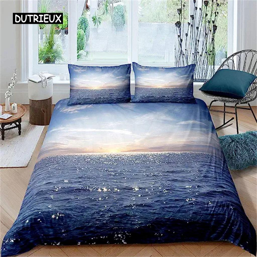 Blue Ocean Duvet Cover Waves Bedding Set Hawaiian Tripocal Sea Wave Sea Beach Bedding Comforter Cover Microfiber for Women Men