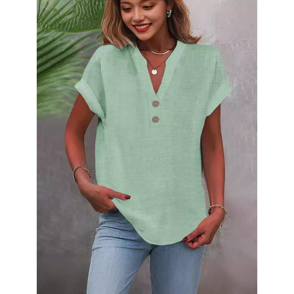 Fashionable Solid Color Stand Up Collar Button Women's Casual and Comfortable Short Sleeved Shirt