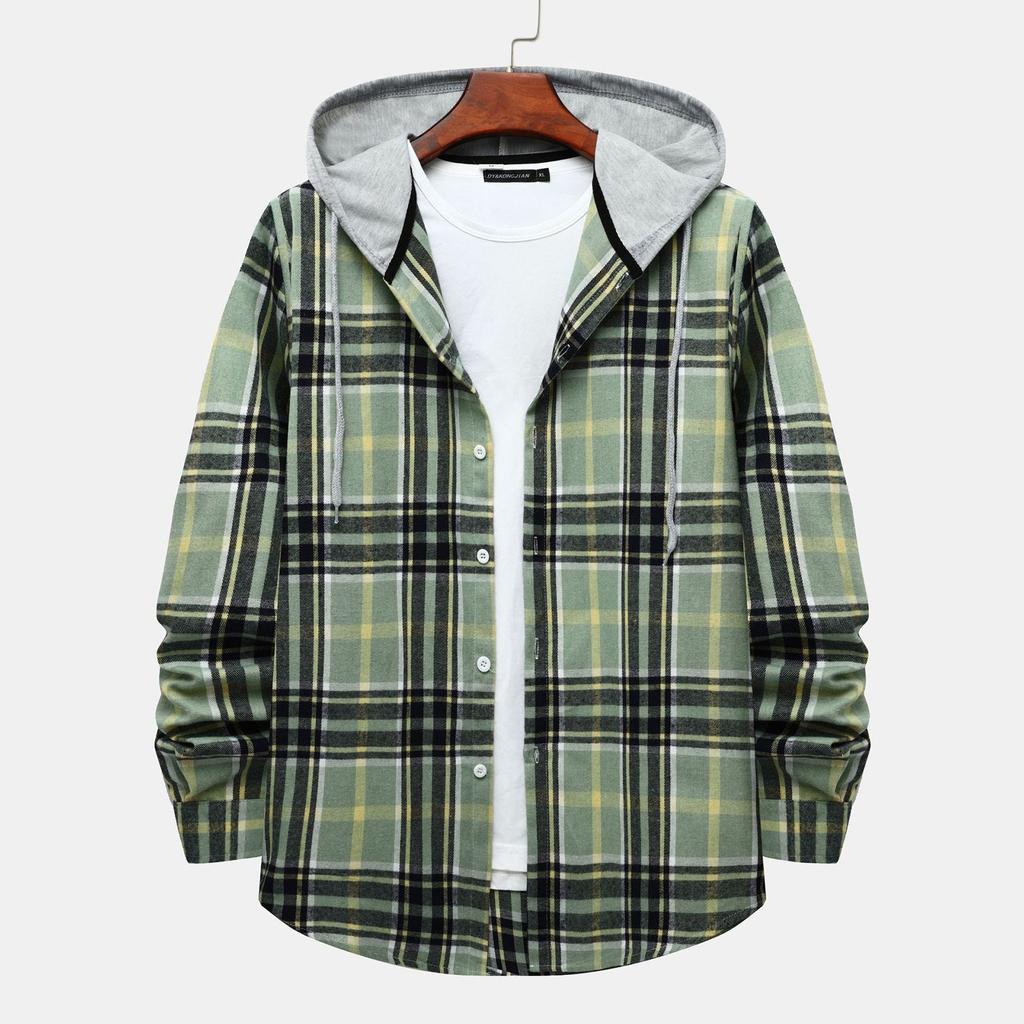 Autumn New Men's Casual Fashion Couple Hooded Plaid Long Sleeve Shirt Trend