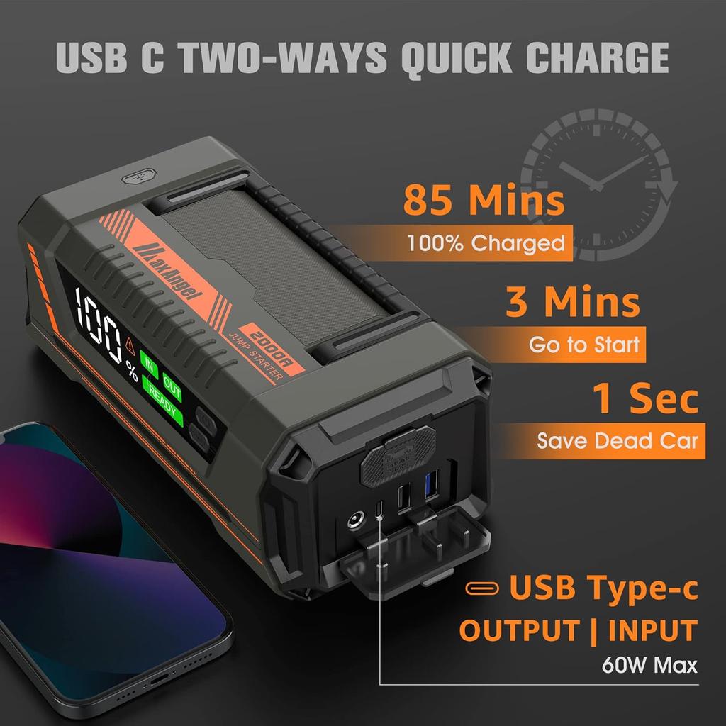 Car Battery Jump Starter 2000A 20000mAh 12V Portable Boost Box with USB QC 3.0, Type C, LED Light