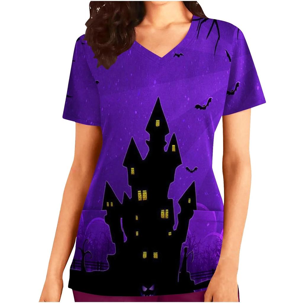 Halloween Womens Nursing Scrub Tops Working Uniform Summer Short Sleeve V Neck Pocket Workwear Blouse T-shirt Loose Nursing Scru