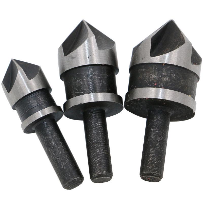 Carbon Steel 90° Round Shank Five-Flute Countersink Set (12/16/19mm) - Woodworking Chamfer Cutter Drill.