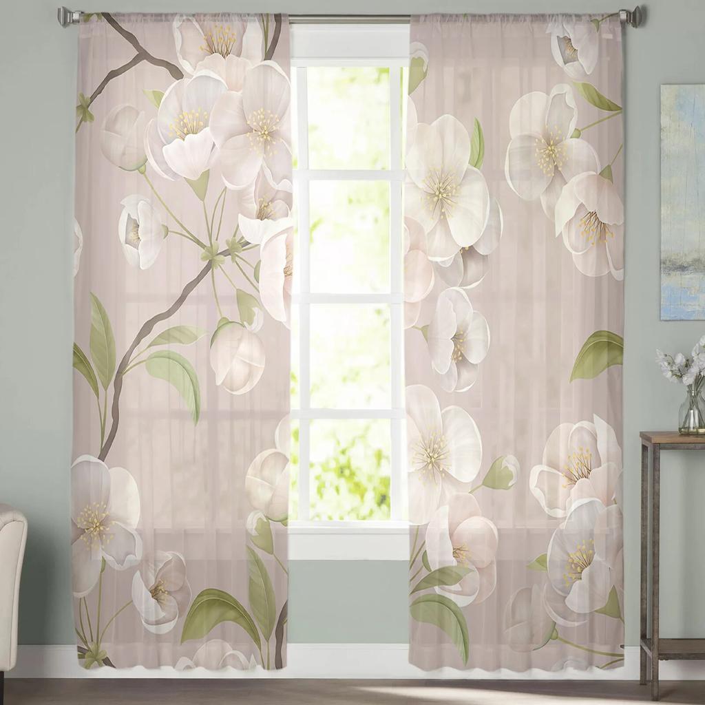 Spring Brown Background Peach Blossom Tulle Curtains for Living Room Home Decor Window Curtain Kitchen Sheer Voile Curtain