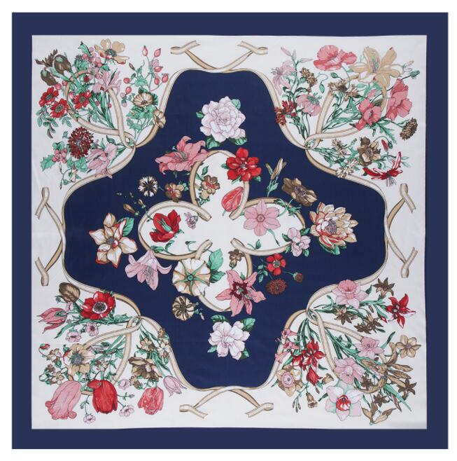

Luxury Brand 100% Twill Silk Scarf For Ladies Floral Square Scarf New Design Print Kerchief Woman Neck Shawl Wraps Echarpe 130x130cm