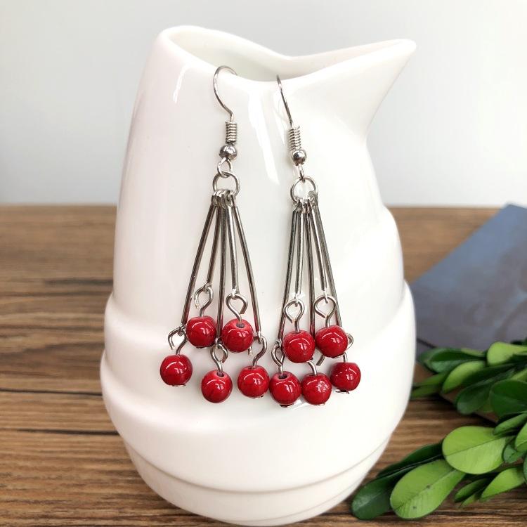 

Серьги длинные красные с бирюзовой бахромой в стиле ретро, женственные универсальные серьги, простые украшения для ушей