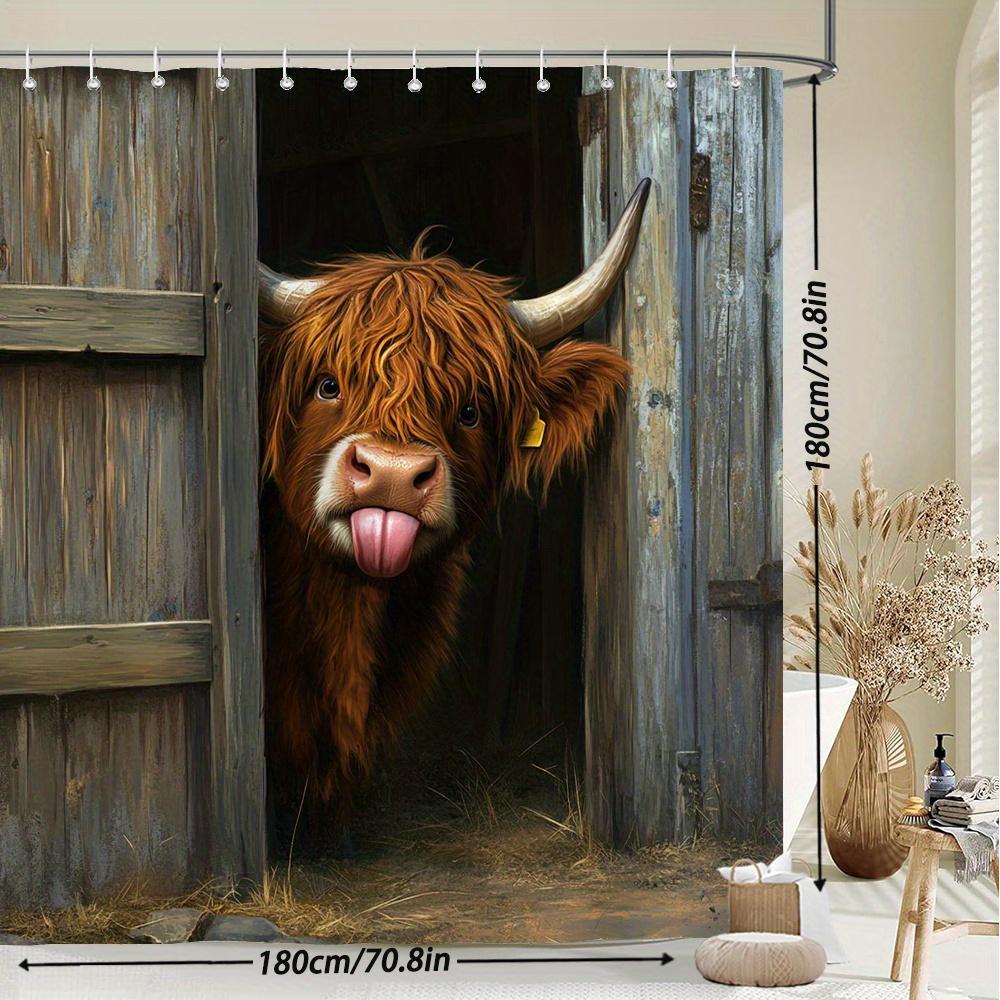 Funny Highland Cow In Barn Shower Curtain Waterproof Easy To Clean Privacy Protection Print Farm Animal Art Design Rustic12Kooks