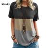 Spring Summer Women's Color Blocked T-shirt Pocket Round Neck Short Sleeve Loose Top