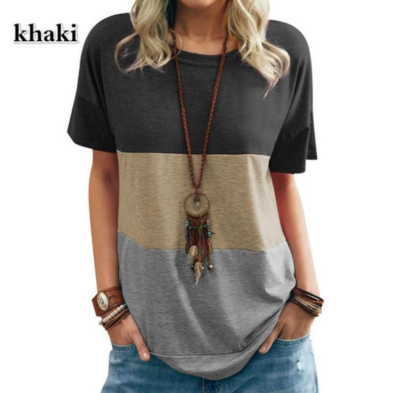 Spring Summer Women's Color Blocked T-shirt Pocket Round Neck Short Sleeve Loose Top