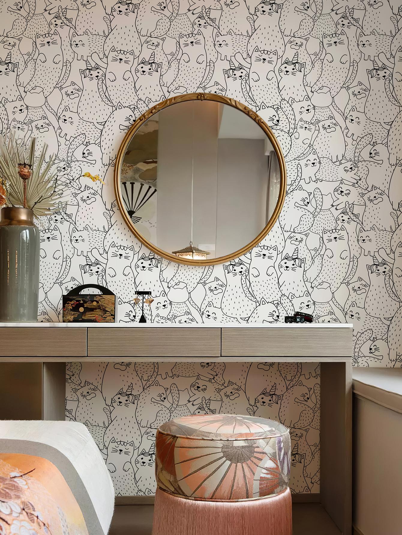 

Милый эскиз кошки Линейные виниловые обои Ретро Самоклеящаяся наклейка Животное Фреска Белый Водонепроницаемый Декор стены детской комнаты 44cmx300cm