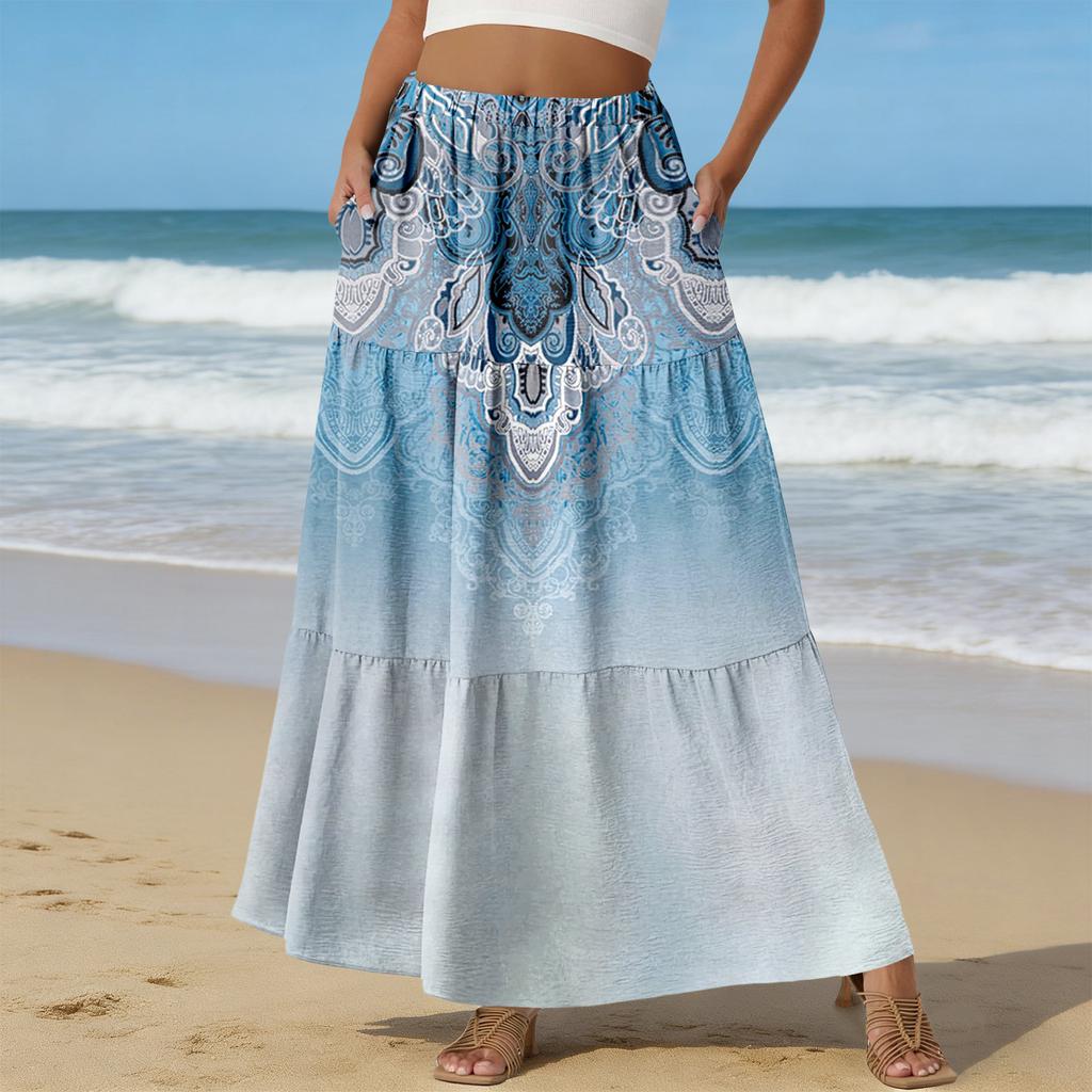 Women's Casual High Waist Drawstring A-line Skirt Color Skirt With Pockets