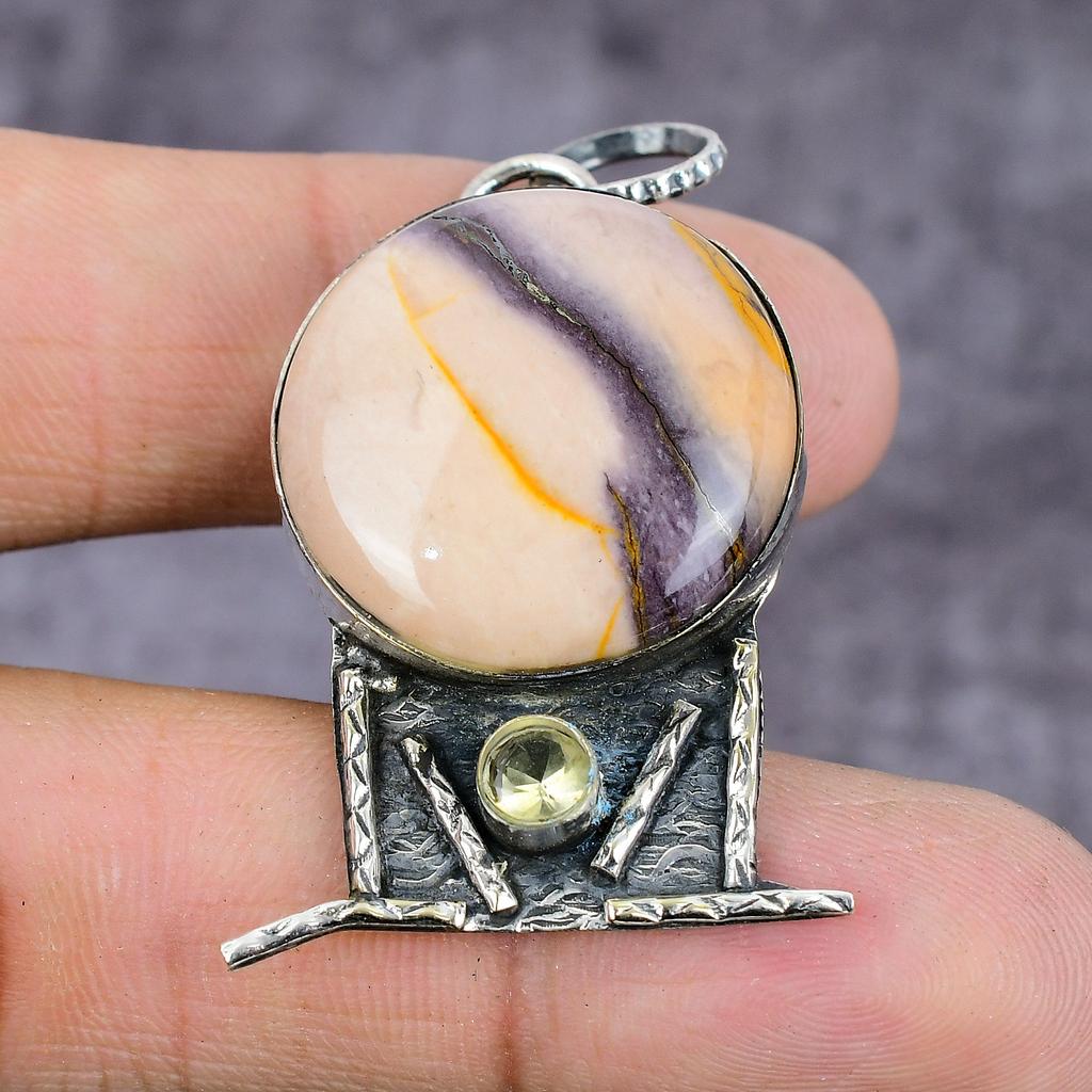 Natural Mookaite, Citrine Gemstone 925 Sterling Silver Pendant 2.22" ET-1491