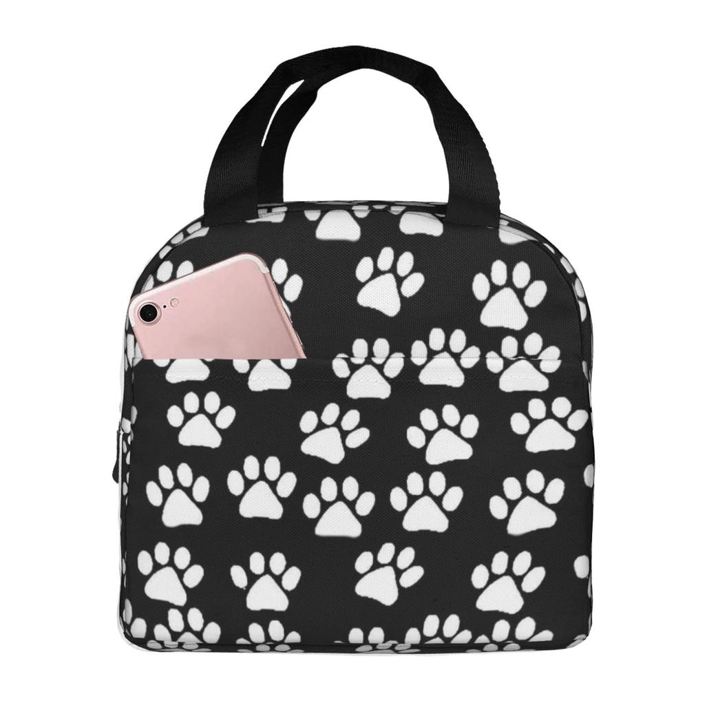 White Dog Paw Print Lunch Bag Waterproof Insulated Canvas Cooler Bag Thermal Cold Food Picnic Travel Tote for Women Children