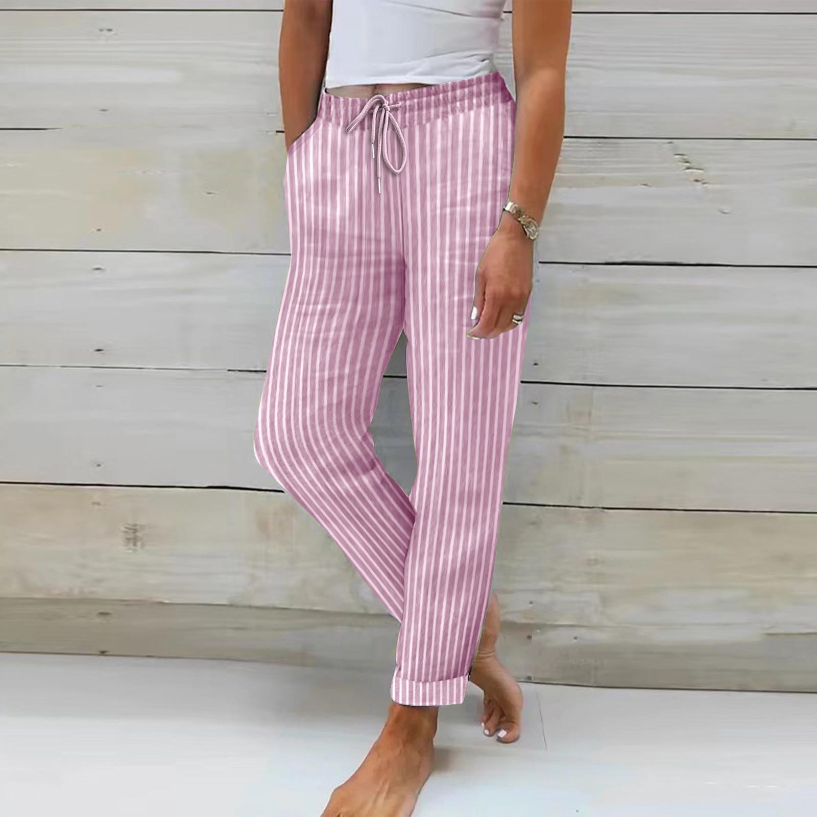 

Повседневные брюки с полосатым принтом Трендовые летние спортивные брюки Фитнес-брюки для бега XL розовый