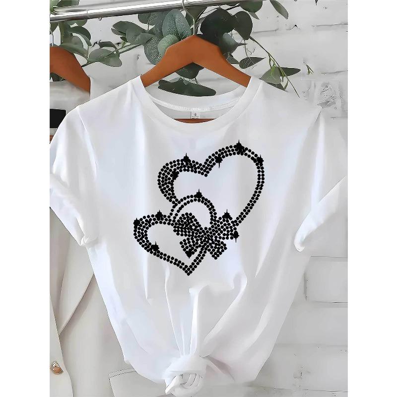 

Европейский Размер Горячий, Летняя Женская Футболка с Коротким Рукавом с Принтом в Виде Сердечек, Удобная Дышащая Ткань, Повседневный Спортивный Стиль S белый