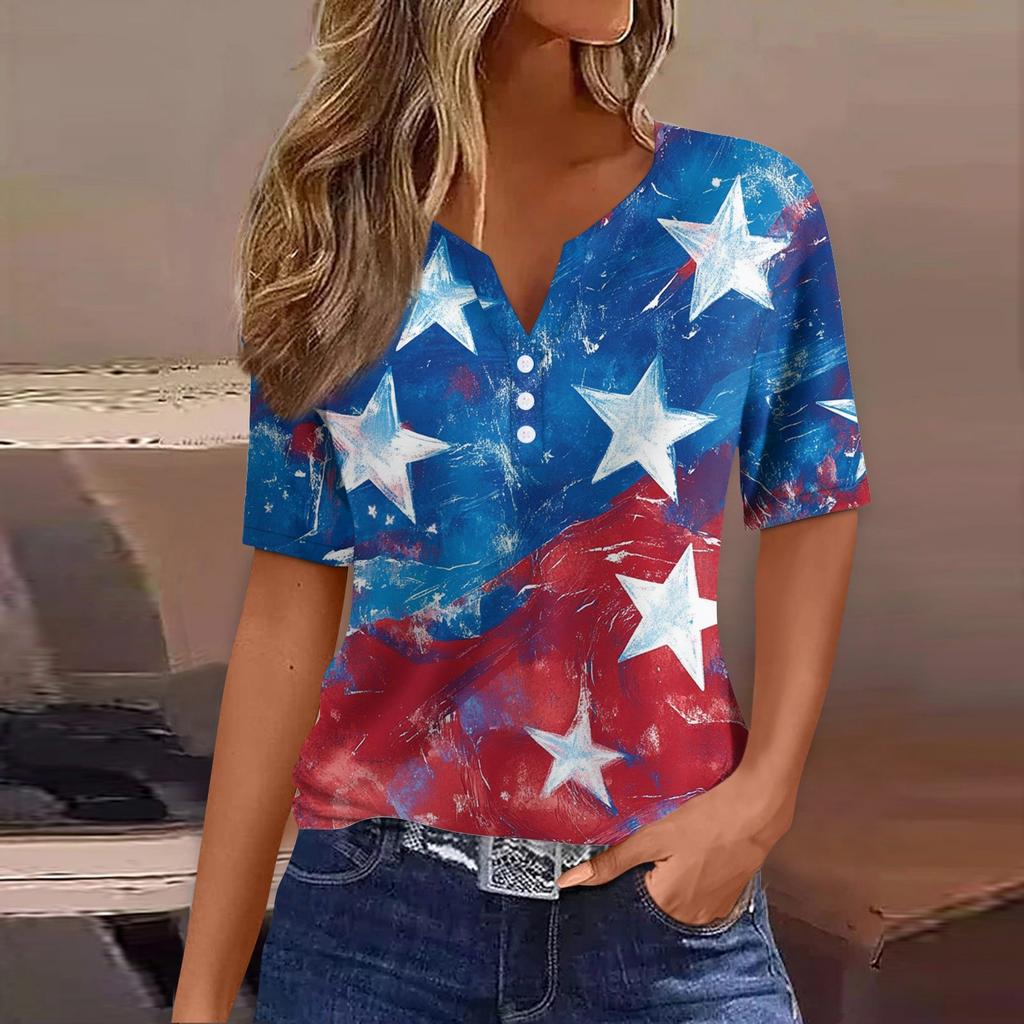 Women's Fashion Casual Independence Day Print V-neck Short Sleeve Decorated Button T-shirt Top