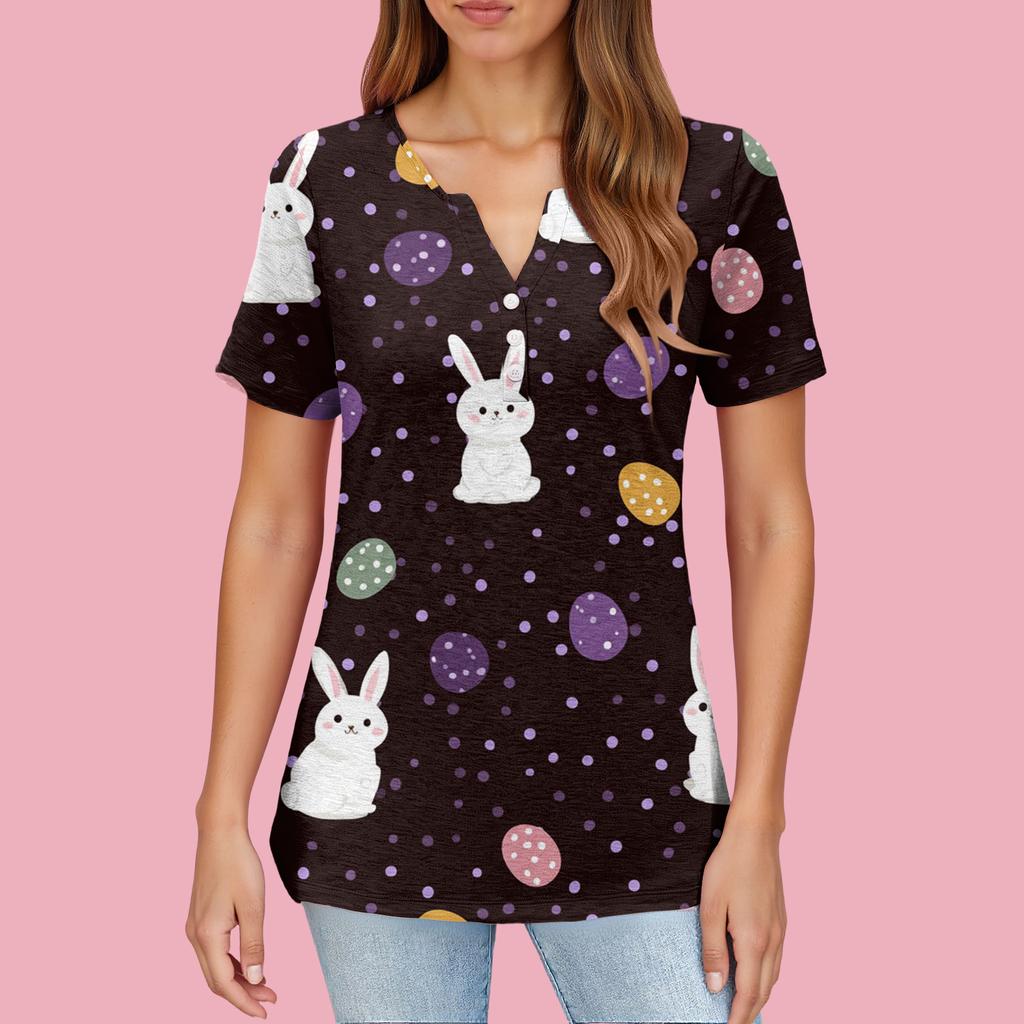 Women's T Shirt Print Button Short Sleeve Daily Weekend Fashion Basic V- Neck Regular Top