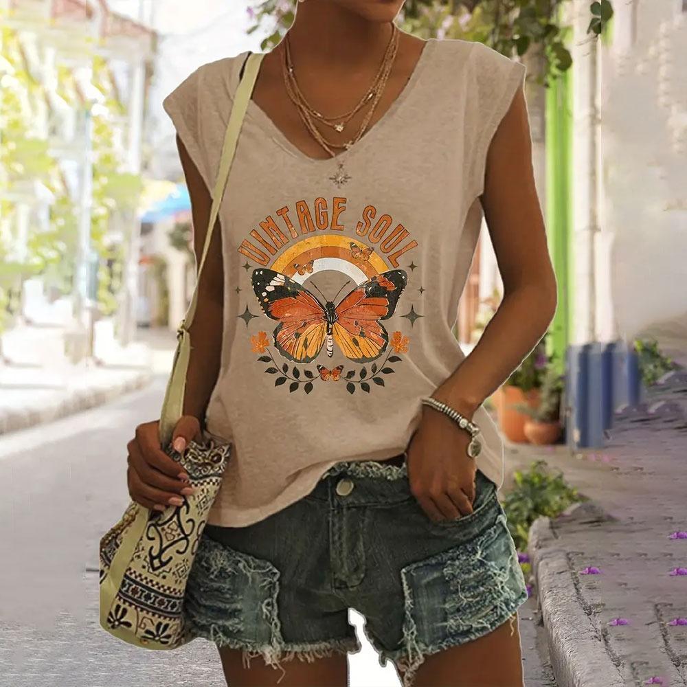 Women's V-Neck T-shirts Casual Fashionable White Sleeveless Vest 3d Sunflower Print Basic Tops Simple Style Summer Tees Shirts