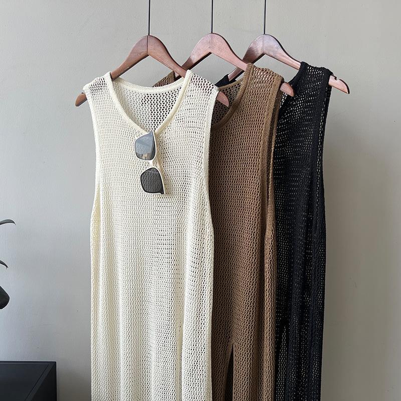 Outward Hollow Top Vest Skirt Women's Summer Slit Sleeveless Dress Mid Length Knitted Top