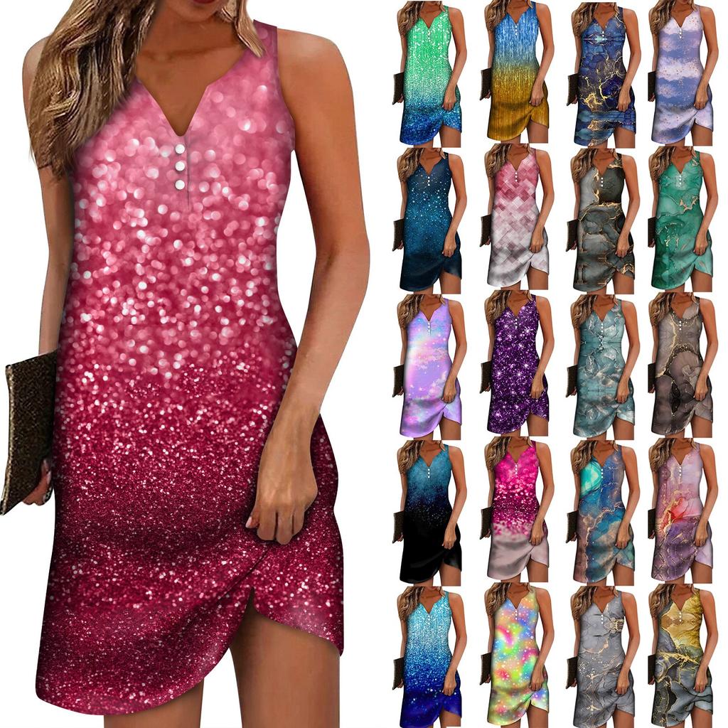 Women's Casual Dress Floral Button Print V Neck Fashion Outdoor Street Sleeveless Loose Fit Summer